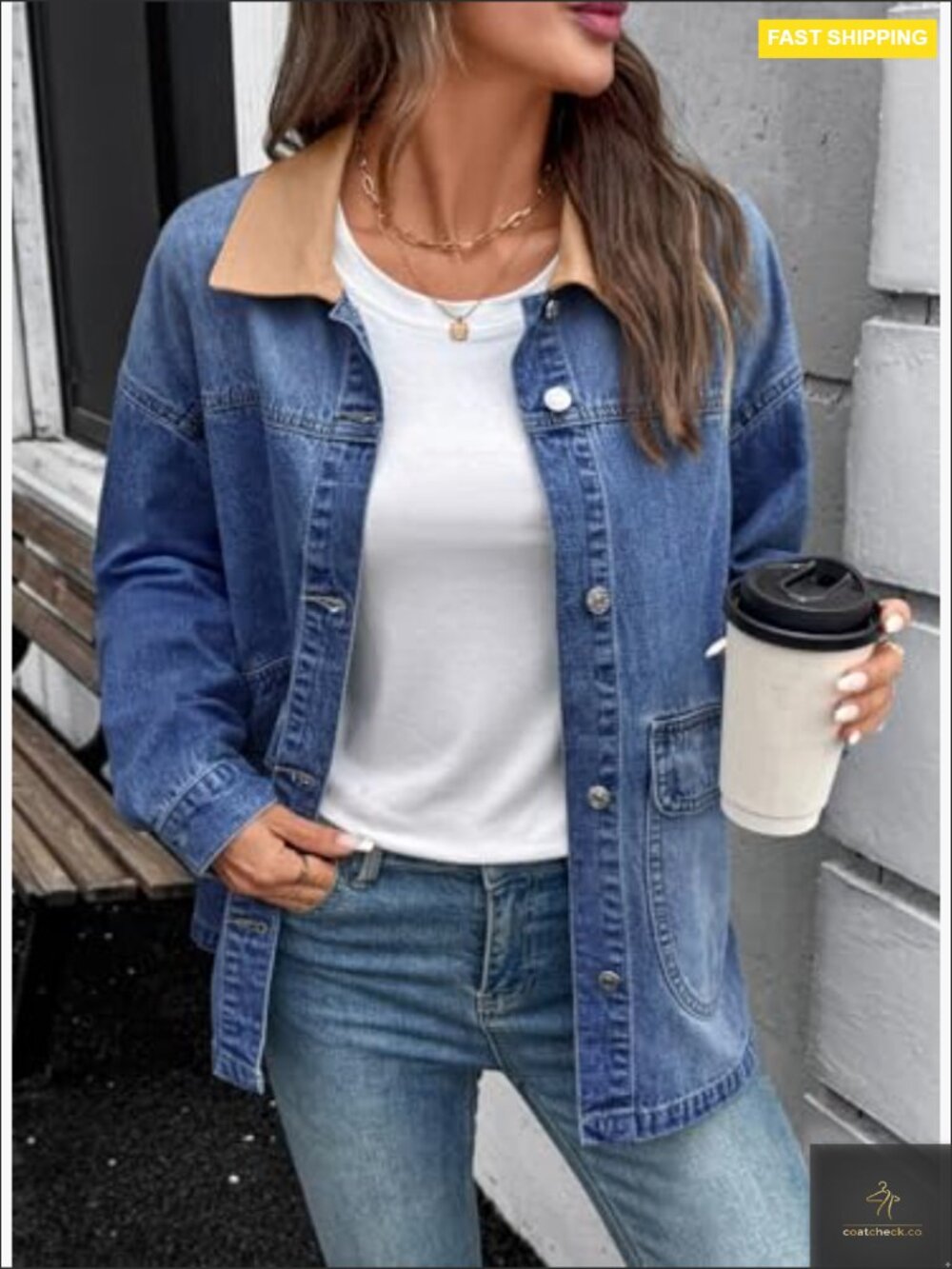 Oversized Boyfriend Denim Jacket Button Down Contrast Trim Barn Jacket With - Picture 3 of 7